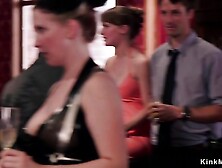 Busty tied brunette fucked at party