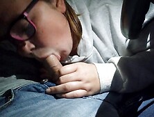 Nerdy step sister sucks me dry in car parking lot after a night out