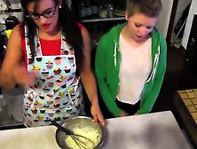 1st time youthful clerk enticed in a bakery by the lesbo boss and drilled behind the counter