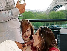 Redhead beauty Jia Lissa shares a passionate bed with two guys.