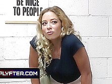 Security Officer Catches Babe Stealing And Makes Her Spread Her Legs And Take His Huge Load