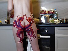 Naked Housewife With Octopus Tattoo On Butt Cooks Dinner On Kitchen And Ignores You