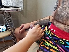 I'm sitting on a stool,  a fat woman jerks off my penis one