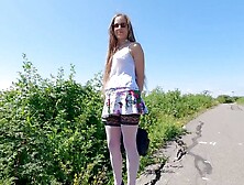 Longpussy,  out for a walk in my ordinary Style,  Booty Plug,  Short Petticoat,  High Heels,  Haunch Highs with my Melons Tied.
