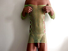 Oiled Ass Slut Jerks In Green Fishnet Dress