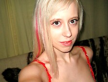 Cute-looking blonde Teena stimulates her wet hole on the cam