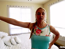 Nerdy blonde slut Sarah Vandella gives a blowjob POV and gets a facial