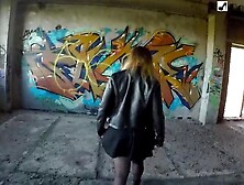 cunt with mouth draws graffiti and then fucks her BF fake-dick