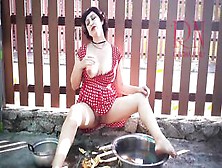 Regina Noir Retro Maid Prepares Potatoes For Dinner Vintage Performance