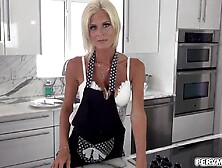 insane blonde milf Olivia Blu plays with her stepsons trouser snake under the table while having a dinner with her husband.