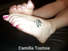 Soles up on leather sofa foot tease MILF cute sweaty feet pedicured toes