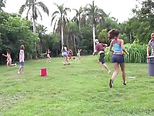 College bikini teens playing outdoor games
