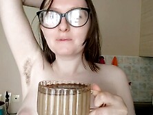 SELF PERSPECTIVE: your naked hairy GF makes herself coffee and then sits down to write notes for her guy