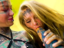 Enormous Tattooed Lesbos riding large Toys - ANAL, ATM, Fatnasy Dildos - Rock-gals, goth, rock, hippie and split tongue