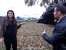 Brunette babe Vany rides a cock and swallows cum in a car