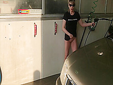 Milf Washing Car With No Panties Heels Busy Outdoor Carwash