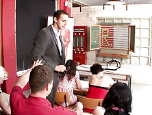 Brunette teeny penetrated on the school desk by the teacher