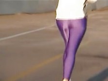 Bright lilac pants on the long legs of candid running babe 03zh