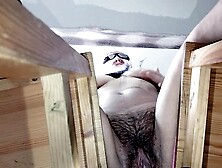 Hairy brunette twat,  monstrous boobs,  sensual hairy woman in the kitchen.