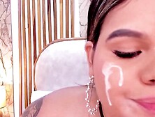 Chubby Girl With Fake Cum On Her Face Sucks A Big Dildo