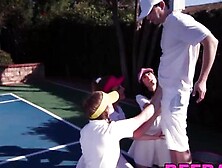 BFF BANG - Brunette tennis babes fed jizz POV after hardcore foursome