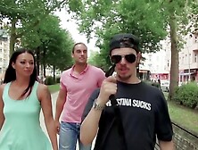 Dark-haired German with right nipple piercing fucked in Bang Bus