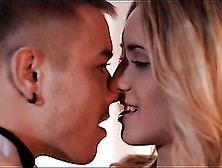 He sucks the stockings toes of blonde beauty