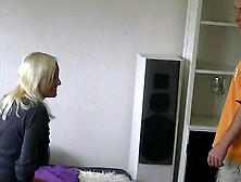 Skinny German blonde seduces a craftsman for a blowjob
