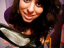 Sexy wife with big breasts takes her shoes off and does JOI live on the camera