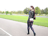 Jeny Smith pantyhose as leggings in public