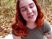 Cute American Girl Autumn Plays With A Glass Dildo Outdoors