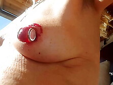 nippleringlover cute mom nude outdoors peeling massive red painted pierced nipples close up