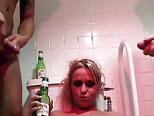 Two Friends Fuck Blond Fetish Bitch On Club Toilet