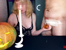 An experienced Halloween witch teaches drawing lessons and turns balls into a pumpkin