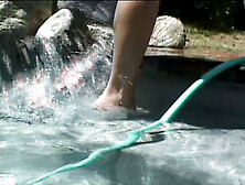 Blonde MILF squirts and have kinky fun with her gf outdoor by the pool