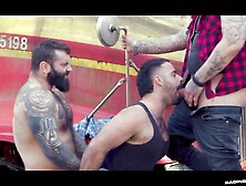 Muscular Men Ryan Bones,  Teddy Torres,  And Markus Kage Unleash Fountains Of Cum Outdoors