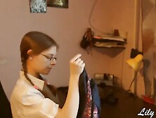 Nerdy Teen Studying How To Fuck Her Pussy With A Dildo