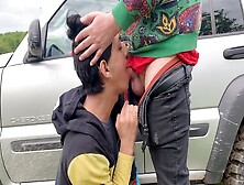 Naughty Outdoor Encounter: Little Gay Sissy Gets Face Fucked In A Car