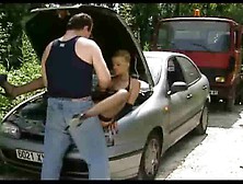 Glamorous babe in gloves and dress fucked outdoors