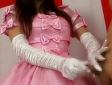 Japanese girl satin dress & glove fetish