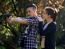 Naughty babe Amber Nevada gets her tight cunt pounded outdoors