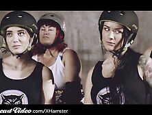 sweetie lesbian 3Way in Locker room after Roller Derby