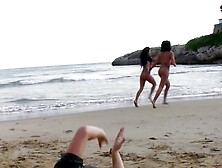 His beach day gets dirty as the brunettes ride his big cock