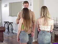Two flashy babes are sharing this lucky guy's big pecker