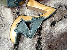 Denim wood heel