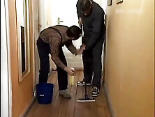 German brunette is fucked in a threesome by her husband and the plumber who is thinking of repairing his wife's pussy