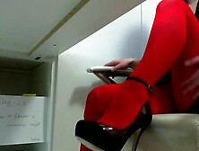 Masturbate at work :Day 28. Rubbing through  red pantyhose. brunette amateure