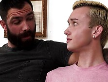 Skinny Blonde Teen Guy Is About To Have Passionate Threeway Sex With Two Middle-Aged Blokes