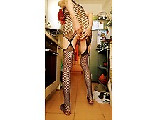 crossdressed with red wig and black laces