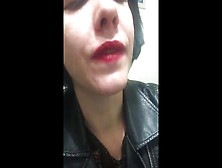 Cute Goth Skank Smokes Cigarette Close Up With Red Lipstick